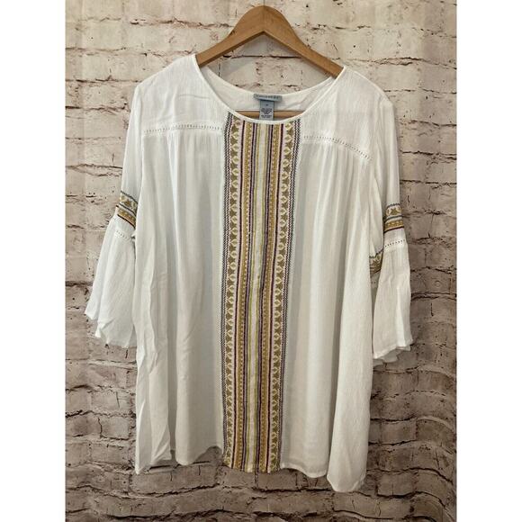 Catherines Top Womens 2X Peasant Prairie Bell Sleeve White Embroidered Boho Plus - Picture 1 of 11